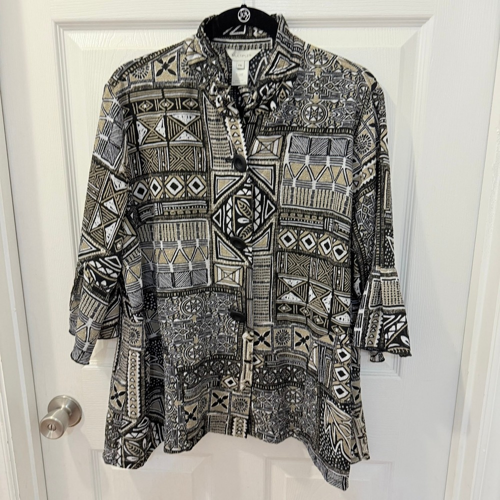 Geometric‎ Print Bell Sleeve Button Front Multiples Women's PXL Tunic Blouse Top